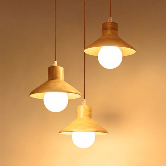 Modern Wooden Pendant Light in Beige for Kid's Room - Coolie Shade Hanging Light with Linear/Round Canopy