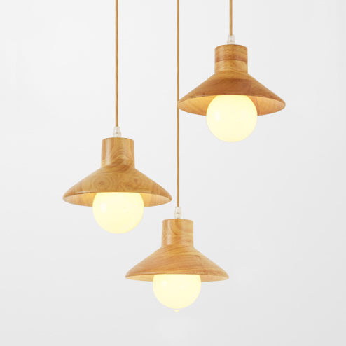 Modern Wooden Pendant Light in Beige for Kid's Room - Coolie Shade Hanging Light with Linear/Round Canopy