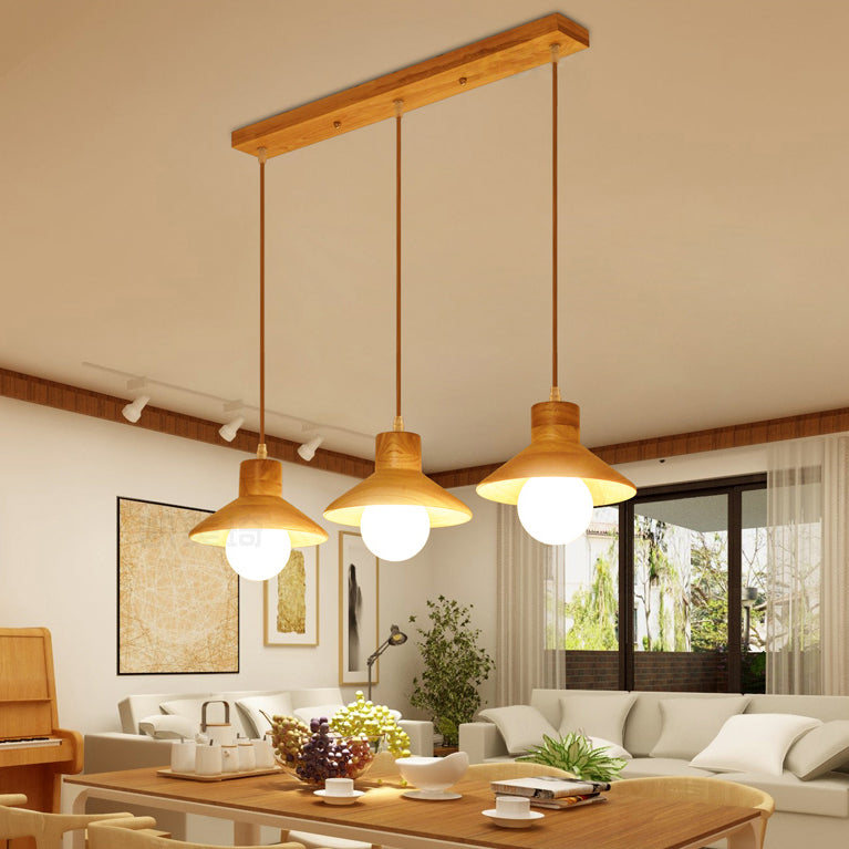 Modern Wooden Pendant Light in Beige for Kid's Room - Coolie Shade Hanging Light with Linear/Round Canopy