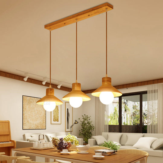 Modern Wooden Pendant Light in Beige for Kid's Room - Coolie Shade Hanging Light with Linear/Round Canopy