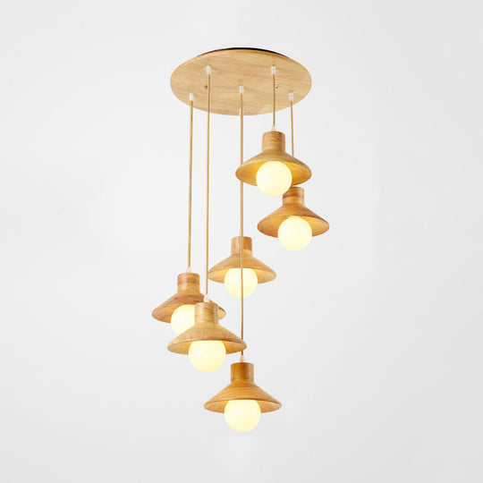Modern Wooden Pendant Light in Beige for Kid's Room - Coolie Shade Hanging Light with Linear/Round Canopy