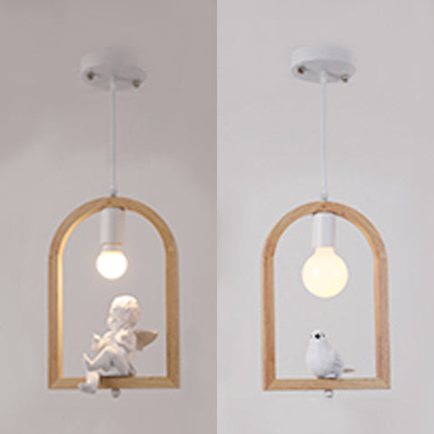 Modern Wood Pendant Lamp with Arch Shelf and Hanging Light in Beige