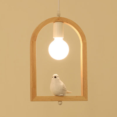 Modern Wood Pendant Lamp with Arch Shelf and Hanging Light in Beige