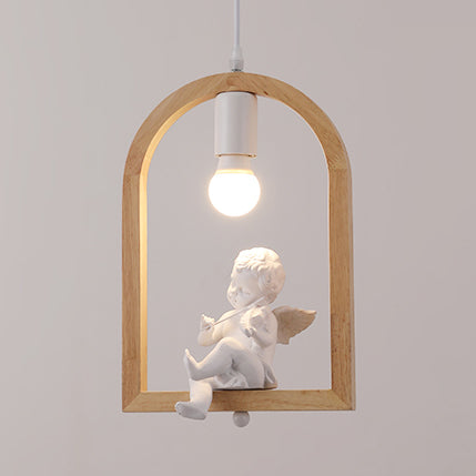 Modern Pigeon Deco Wood Pendant Lamp: Arch Shelf Stairway Hanging Light In Beige / Angel