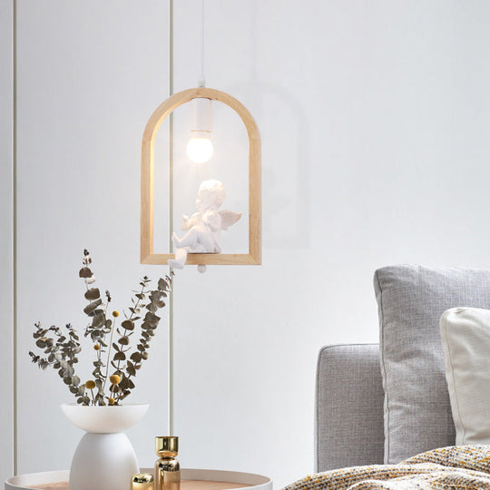 Modern Wood Pendant Lamp with Arch Shelf and Hanging Light in Beige