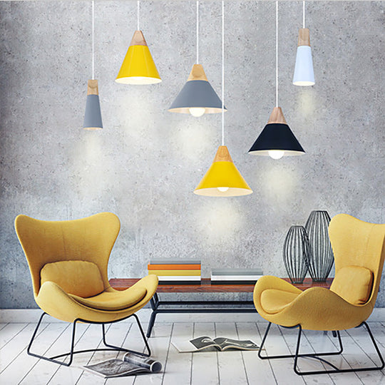 Modern Wood & Aluminum Coolie Pendant Light for Bedroom - Single Head in Black, Grey, Yellow & White