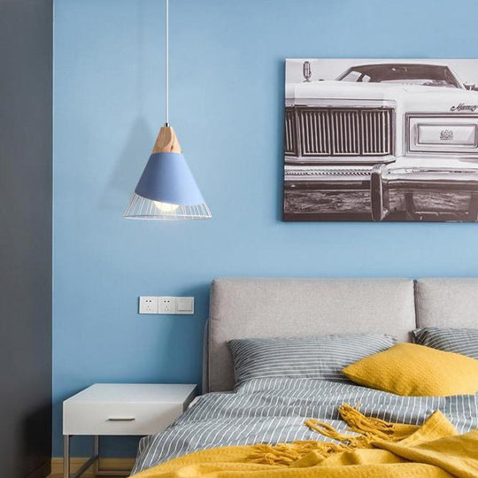 Nordic Stylish Conical Pendant Light in Blue/Green/Yellow - Metal Finish, 1-Light, Bedroom Stairway Hanging Lamp