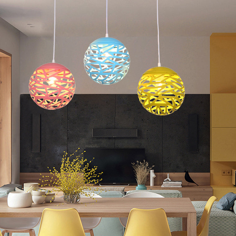 Modern Candy Colored Kid's Bedroom Pendant Lamp - Hollow Orb Design, Metal, 1 Head