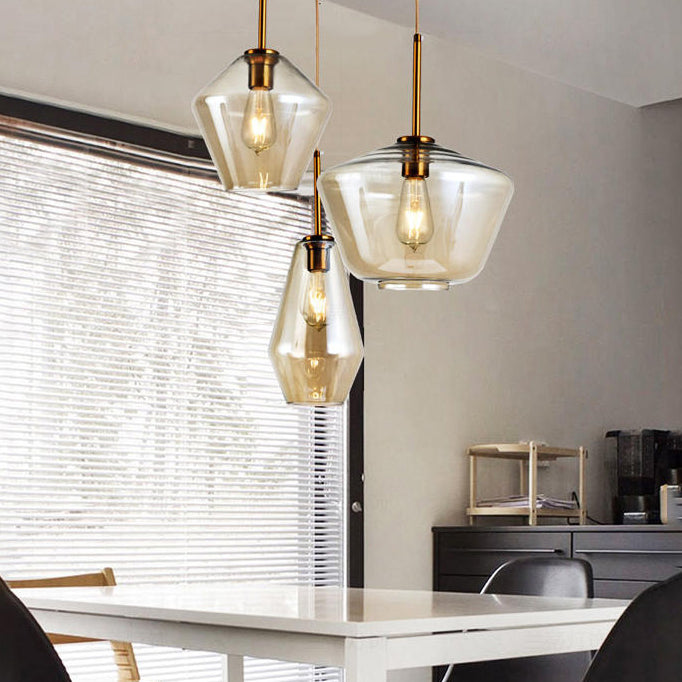 Modern Clear/Amber Glass Pendant Lamp - Triangle/Urn/Diamond Design, 1-Light, Ceiling Mount, 9"/14"/16.5" Wide