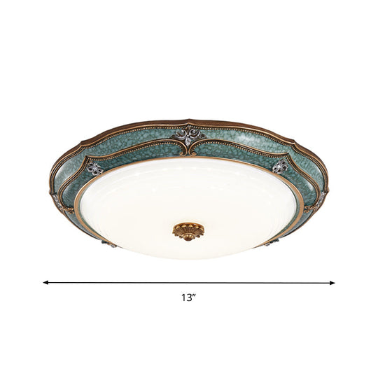 Antiqued Blue LED Dome Ceiling Mounted Fixture with Milky Glass Flush Lighting - Bedroom Décor, 13"/16"/19.5" Width