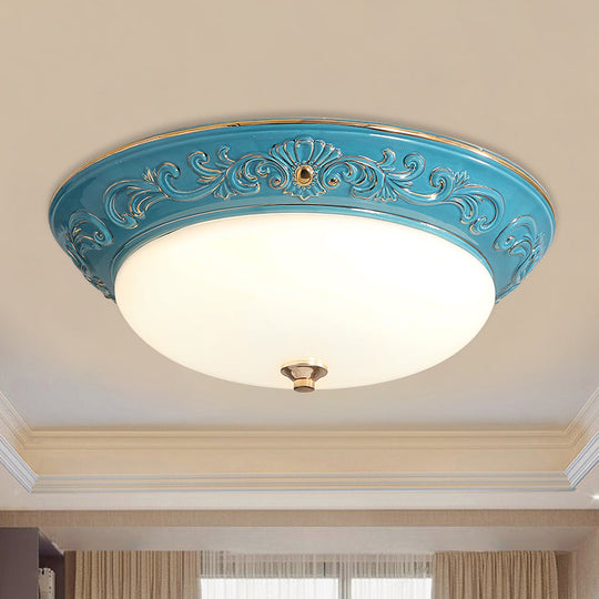 Antiqued White Glass LED Flush Mount Light for Bedroom, Oblong Shape with Yellow/Blue/Light Blue LED, 12"/14.5"/17" Wide