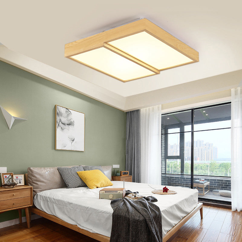 Modern Rectangular Wooden Flush Mount Ceiling Lamp - 2-Light Warm/White Option - Wide Sizes Available