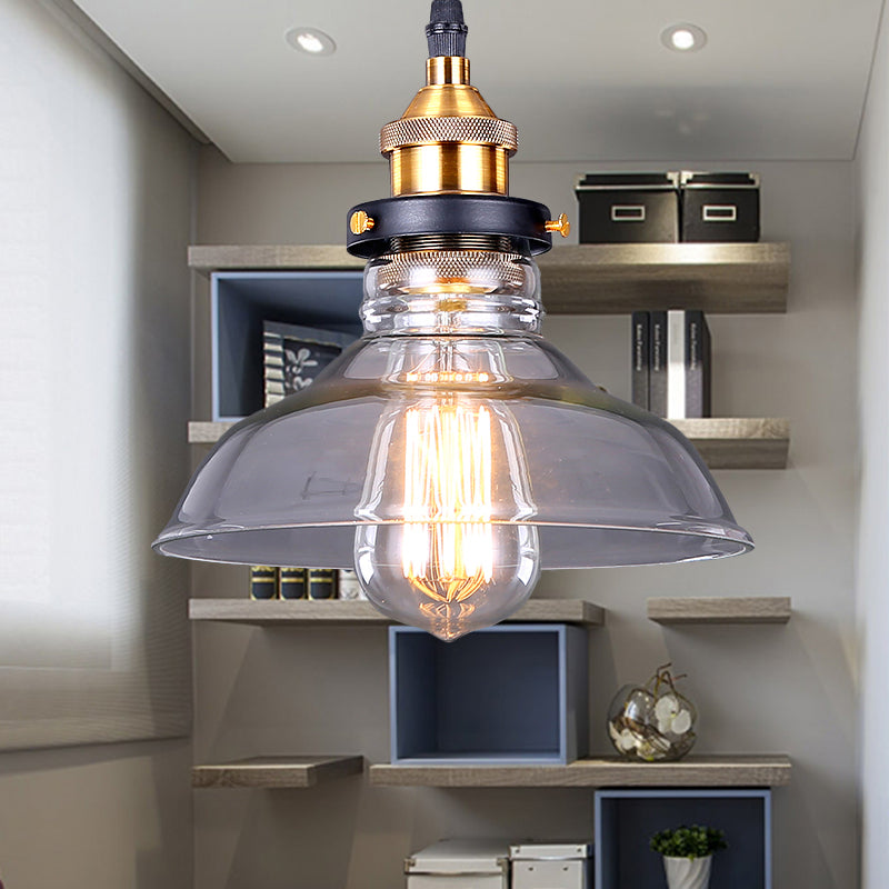Suspension industrielle en forme de dôme - Lampe suspendue à une ampoule en laiton avec verre marron/transparent - 8"/10"/11" de large