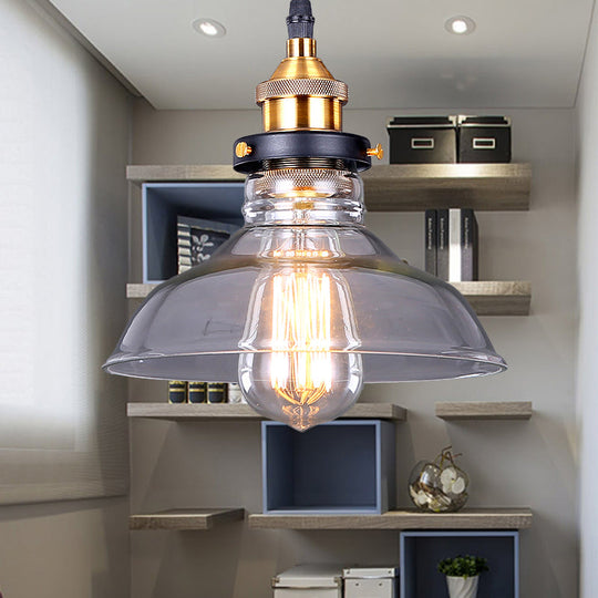 Suspension industrielle en forme de dôme - Lampe suspendue à une ampoule en laiton avec verre marron/transparent - 8"/10"/11" de large