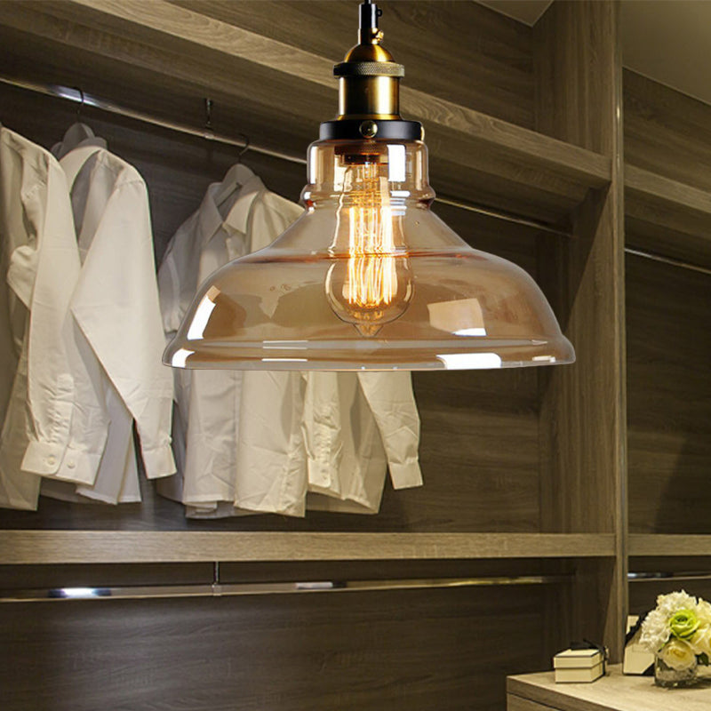 Suspension industrielle en forme de dôme - Lampe suspendue à une ampoule en laiton avec verre marron/transparent - 8"/10"/11" de large