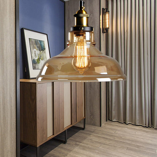 Suspension industrielle en forme de dôme - Lampe suspendue à une ampoule en laiton avec verre marron/transparent - 8"/10"/11" de large