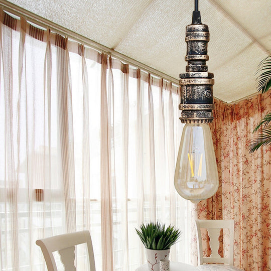 Rustic Black/Silver Wrought Iron Bare Bulb Hanging Light Fixture with Pipe - Bathroom Ceiling Lighting