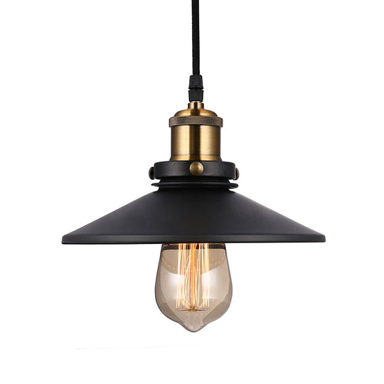 Vintage Style Black Conic Ceiling Light Fixture with Metallic Finish - 1 Bulb Living Room Pendant Light with Pulley