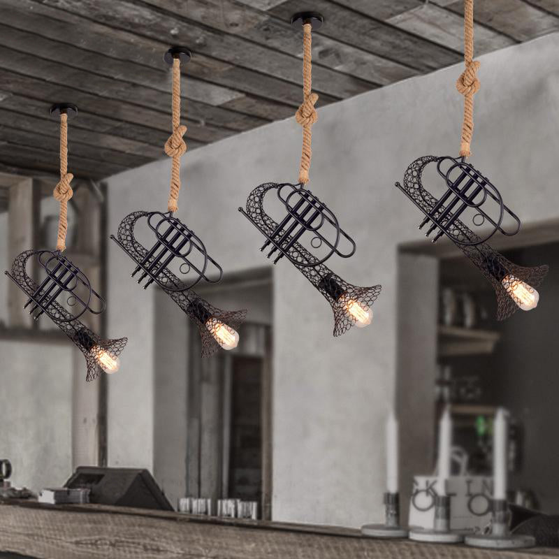 Metallic Trumpet Pendant Light - Mesh Shade Rope Rustic Retro Balcony Hanging (Black) Black
