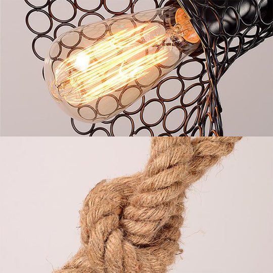 Metallic Trumpet Pendant Light - Mesh Shade Rope Rustic Retro Balcony Hanging (Black)