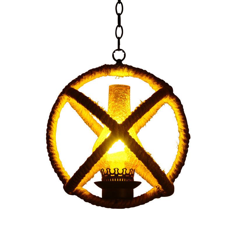 Yellow Rope Frame Pendant Light with Cracked Glass Shade - Lodge Style, Inner Illumination - Hotel Quality