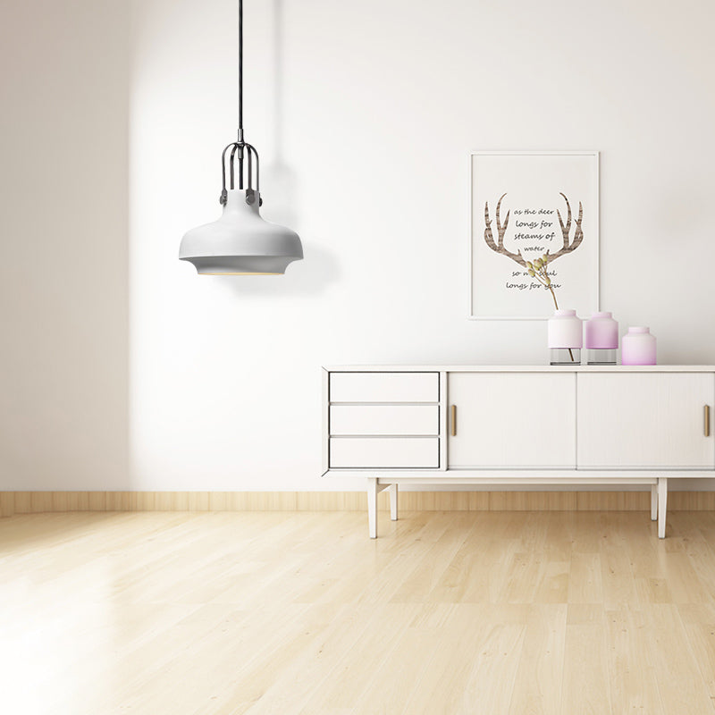 Industrial Metallic Pendant Light with Adjustable Cord - Black/White Bowl Shade, 1-Light, for Living Room