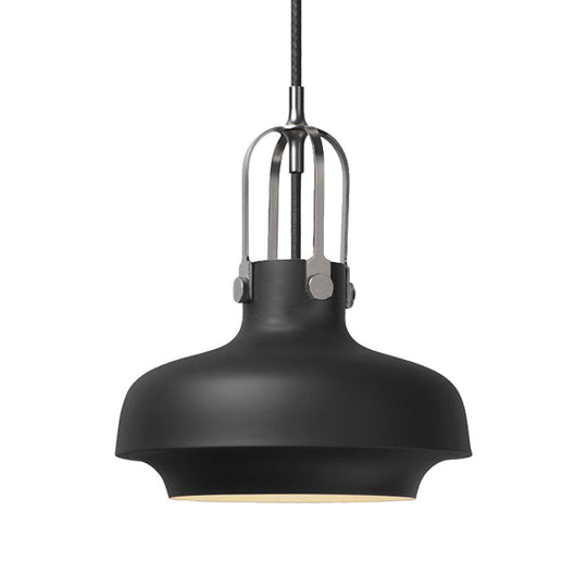 Industrial Metallic Pendant Light with Adjustable Cord - Black/White Bowl Shade, 1-Light, for Living Room