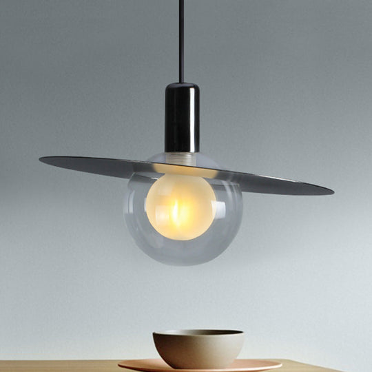 Contemporary LED Pendant Lamp: Globe Clear Glass, Black Hanging Light Fixture with Ring Disk