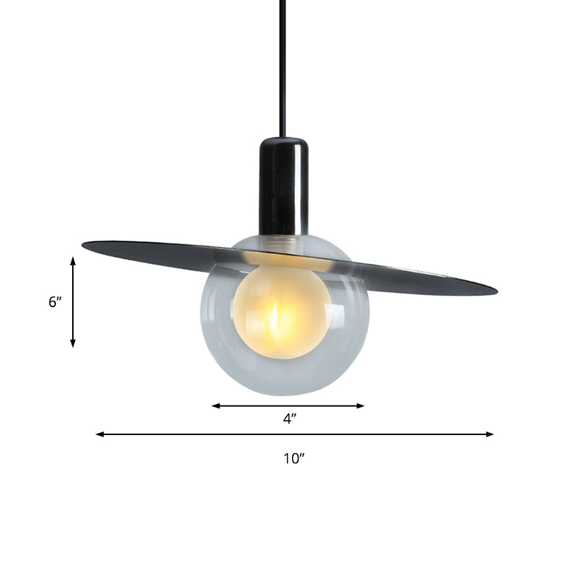 Contemporary LED Pendant Lamp: Globe Clear Glass, Black Hanging Light Fixture with Ring Disk