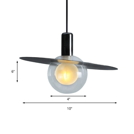 Contemporary LED Pendant Lamp: Globe Clear Glass, Black Hanging Light Fixture with Ring Disk