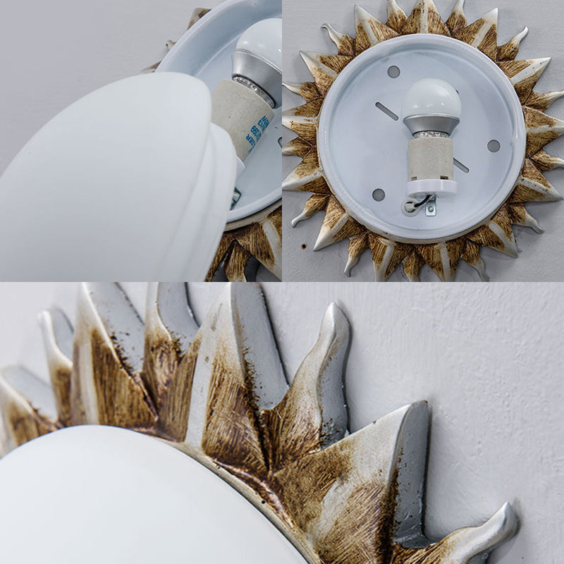 Vintage Black Sunburst Ceiling Light with Opal Glass for Living Room - 9"/15" Wide