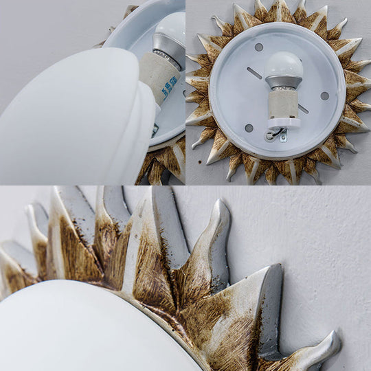 Vintage Black Sunburst Ceiling Light with Opal Glass for Living Room - 9"/15" Wide