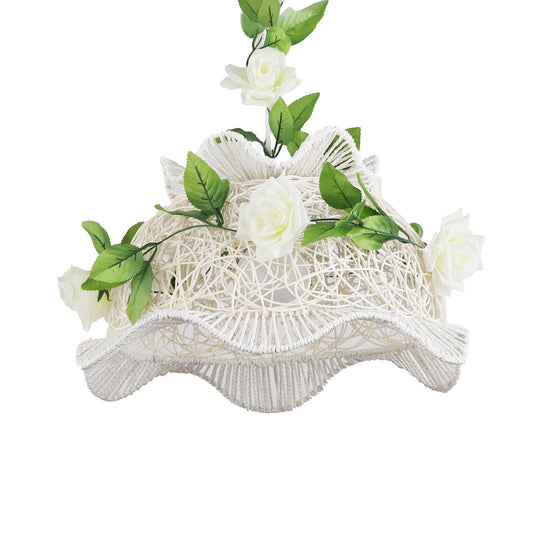 Rustic White Pendant Light With Drum/Scalloped Design - Single Hanging Lamp