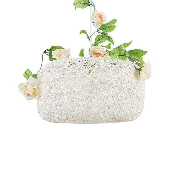 Rustic White Pendant Light With Drum/Scalloped Design - Single Hanging Lamp