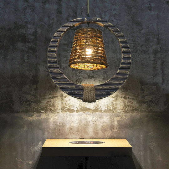 Modern Brown Rattan Hanging Pendant Light With Wooden Ring - 1 Head
