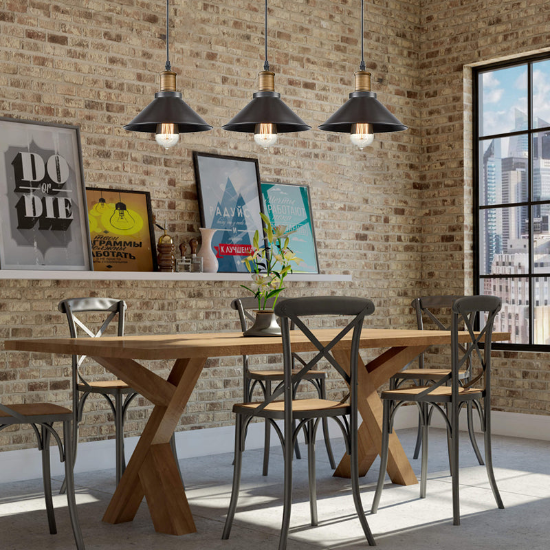 Vintage Metal Pendant Lights - Set of 3 Cone Shades for Restaurants/Ceiling Hanging, Black 1-Light Design