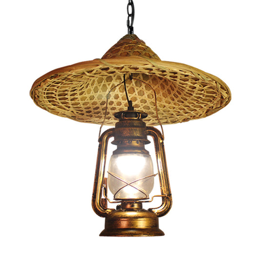 Metal Lantern Hanging Light - Country Style 12/23.5 W 1 Bulb Beige Pendant Lighting With Rattan Hat