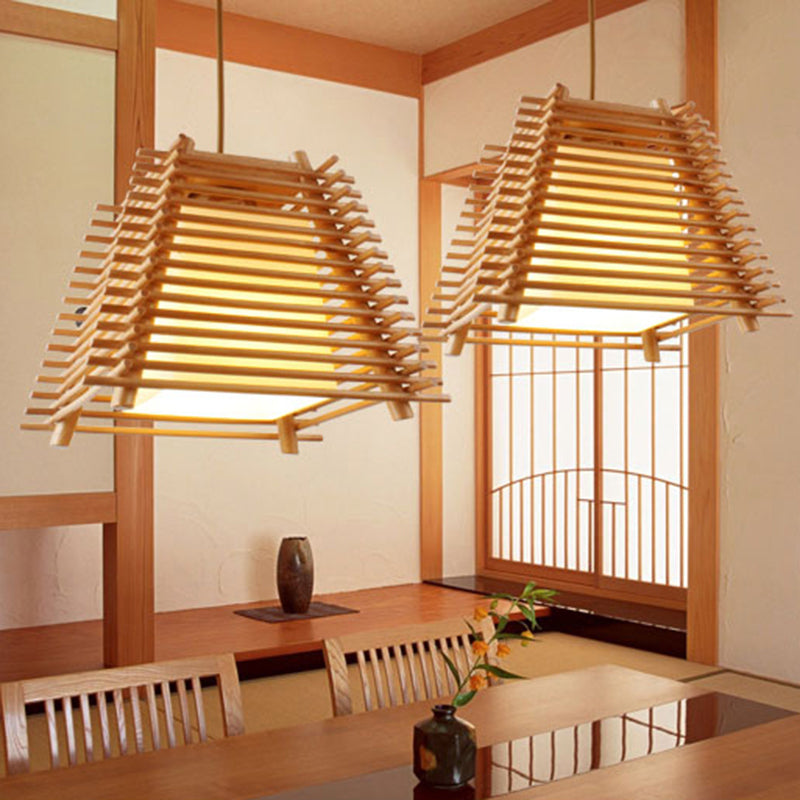 Japanese Wood Trapezoid Suspension Pendant With 1-Light White Glass Shade For Bedroom