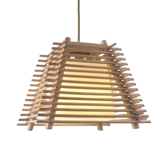 Japanese Wood Trapezoid Pendant Light with White Glass Shade - 1-Light Wooden Hanging Fixture for Bedroom