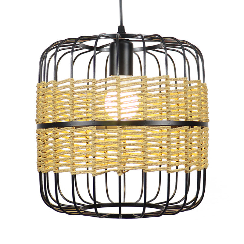 Modern Straw Rope 1-Light Beige Metal Cage Pendant Lamp For Bedroom & Restaurant