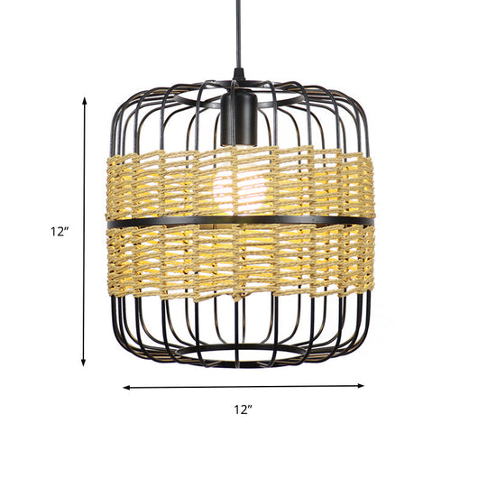 Modern Straw Rope 1-Light Beige Metal Cage Pendant Lamp For Bedroom & Restaurant