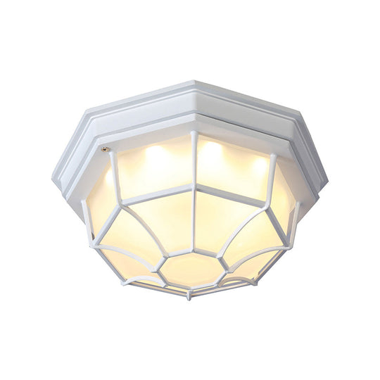 White Geometric Flush Ceiling Mount Light Fixture - Industrial Frosted Glass for Bedroom (9.5"/10" Wide)