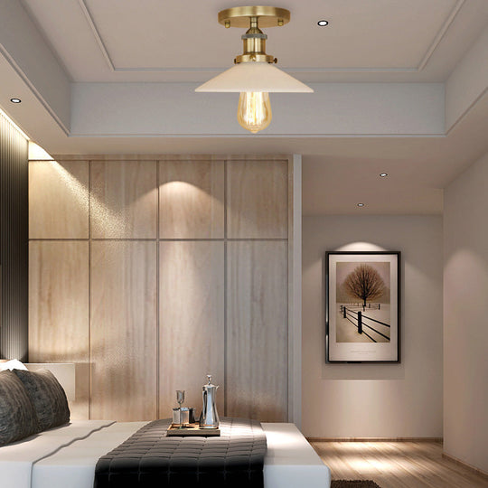 Vintage Style Metal Semi-Flush Mount Ceiling Light With Conical Shape - 1 Fixture In Bronze/Brass