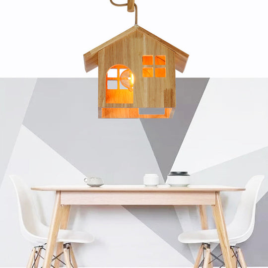 Modern Wooden House Shaped Pendant Lamp With Adjustable Cord - Natural Wood 1-Light Hanging Light