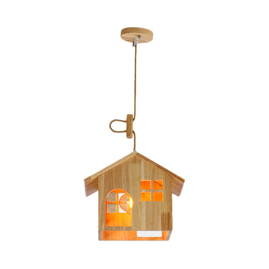 Modern Wooden House Shaped Pendant Lamp With Adjustable Cord - Natural Wood 1-Light Hanging Light