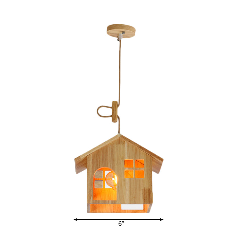 Modern Wooden House Pendant Lamp - 1-Light Natural Wood Hanging Light for Dining Room with Adjustable Cord