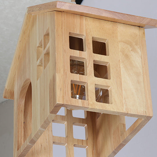 Modern Wooden House Pendant Lamp - 1-Light Natural Wood Hanging Light for Dining Room with Adjustable Cord