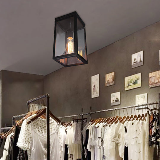 Rectangular Shade Clear Glass Ceiling Light Fixture - 1 Light, Traditional, Flush Mount in Black for Living Room