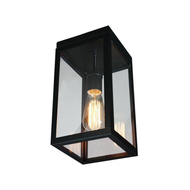Rectangular Shade Clear Glass Ceiling Light Fixture - 1 Light, Traditional, Flush Mount in Black for Living Room