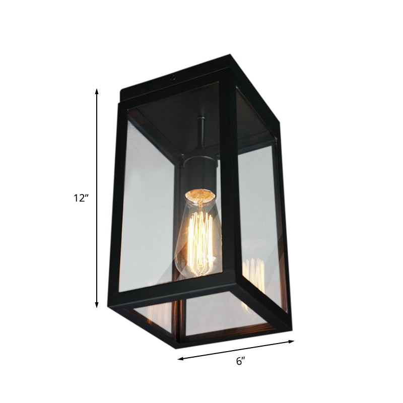 Rectangular Shade Clear Glass Ceiling Light Fixture - 1 Light, Traditional, Flush Mount in Black for Living Room